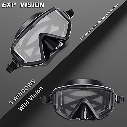 EXP VISION Adult Pano 3 Window Scuba Diving Mask, Tempered Glass Snorkel Mask Anti-Fog Swim Mask No Leakage Swim Goggles with Nose Cover Snorkeling Gear for Snorkeling, Freediving, Swimming (Matte Black) - Image 4