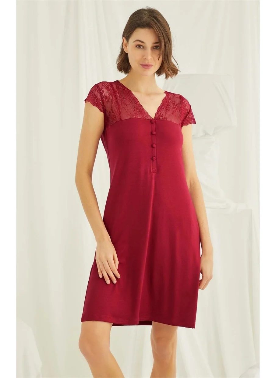 Monamise 18480 Women's Red V-Neck Front Buttoned Lace Short Sleeve Mini Nightgown