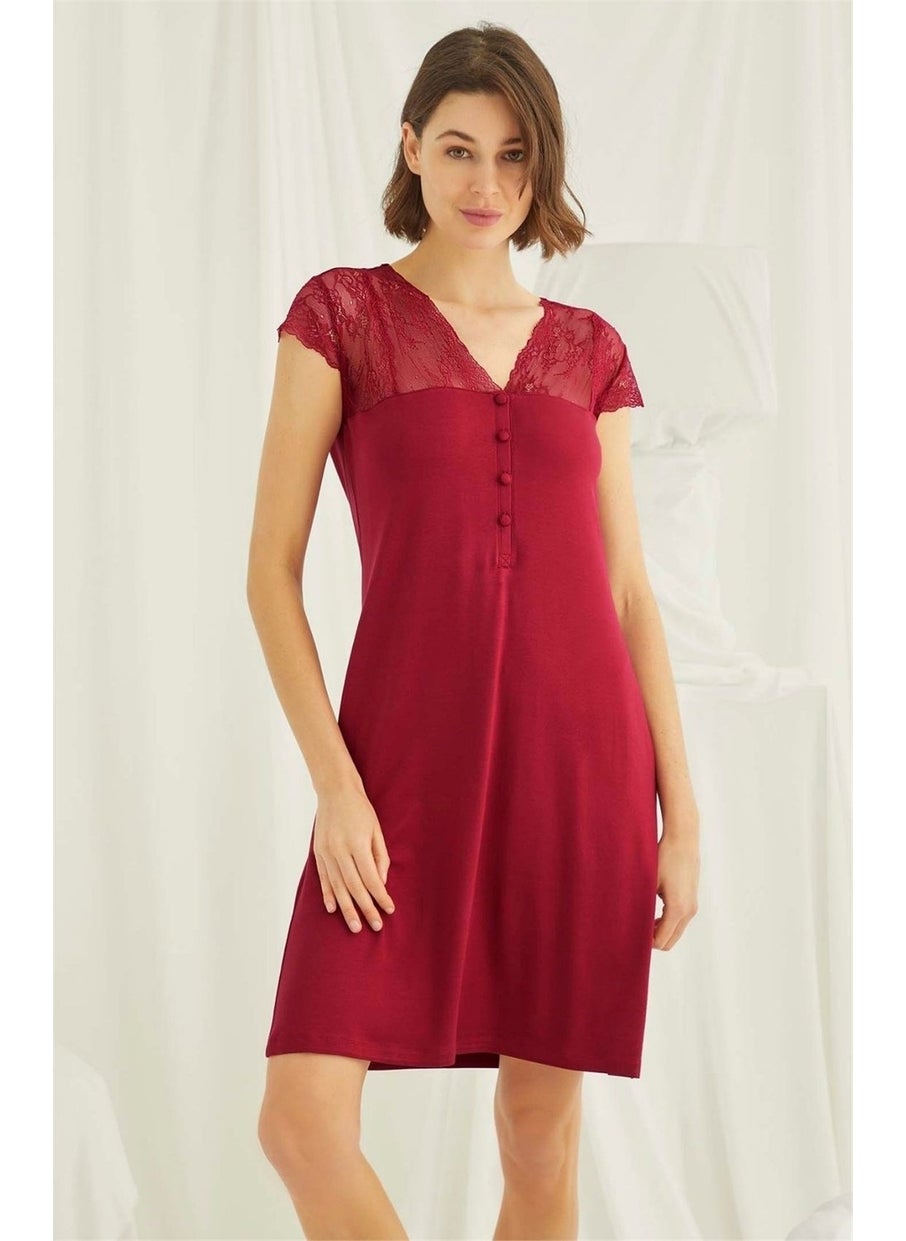 Monamise 18480 Women's Red V-Neck Front Buttoned Lace Short Sleeve Mini Nightgown  - Image 1