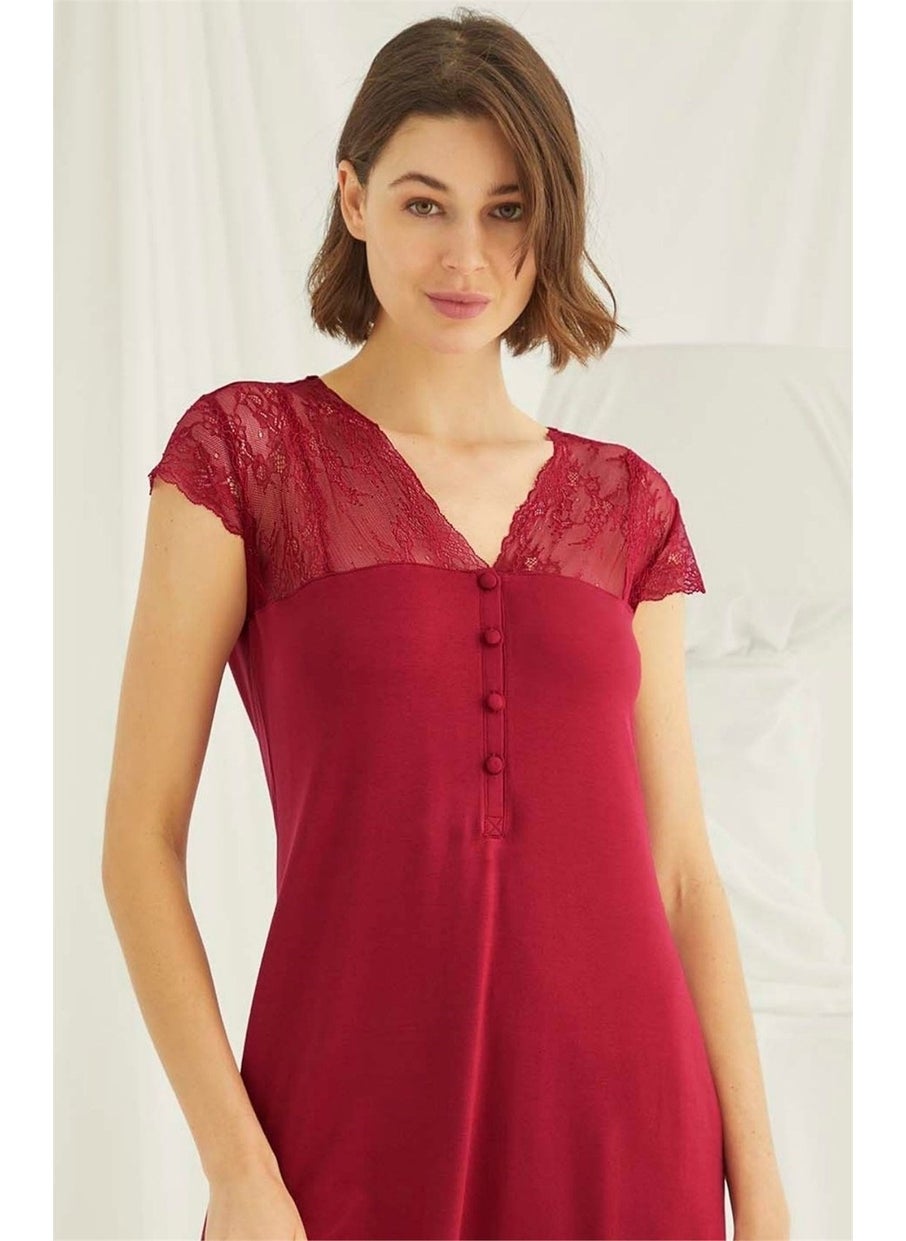 Monamise 18480 Women's Red V-Neck Front Buttoned Lace Short Sleeve Mini Nightgown  - Image 2