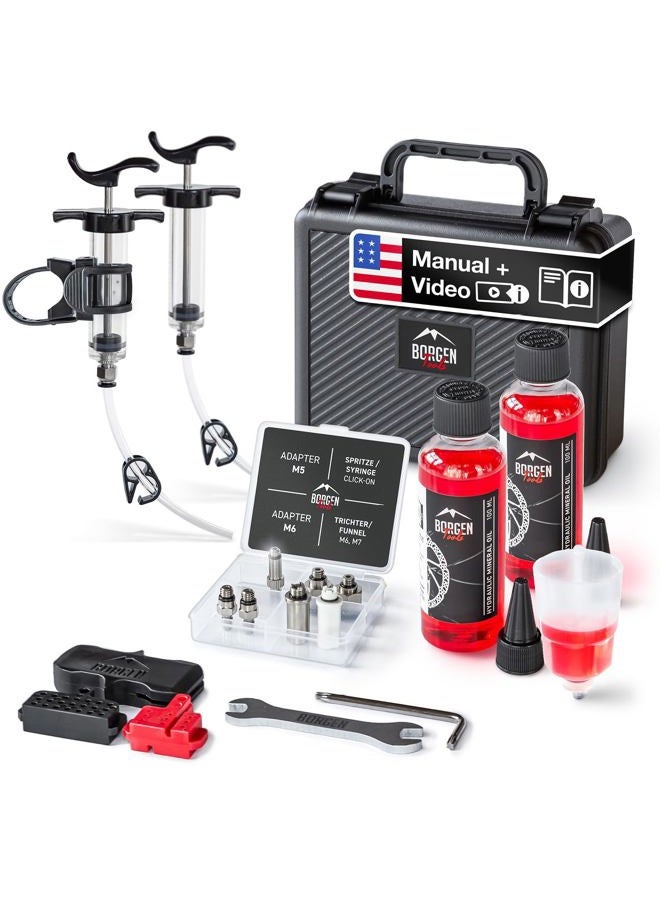 Borgen PRO bleed kit for Shimano, Tektro and TRP bicycle disc brakes – brake bleed kit with instructions, incl. 2× mineral oil brake fluid, Brake Bleed Kit - Image 1