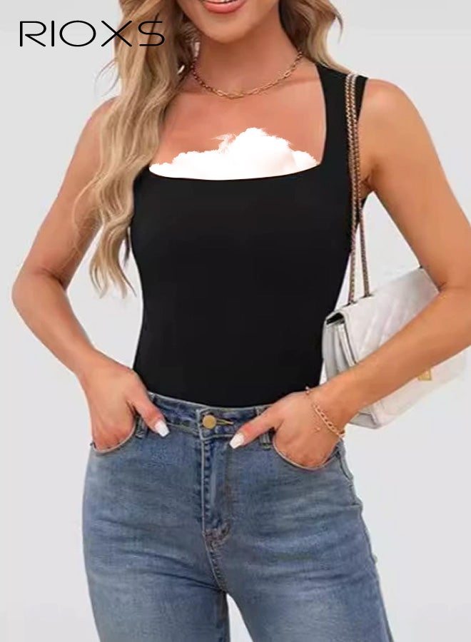 ريوكس بلوزة نسائية بدون أكمام برقبة مربعة، قميص داخلي صيفي أساسي ضيق بحمالة عريضة، بلوزة كامي ضيقة سادة بدون أكمام، قمصان مناسبة للعطلات الصيفية والتمارين الرياضية المنزلية. - Image 1