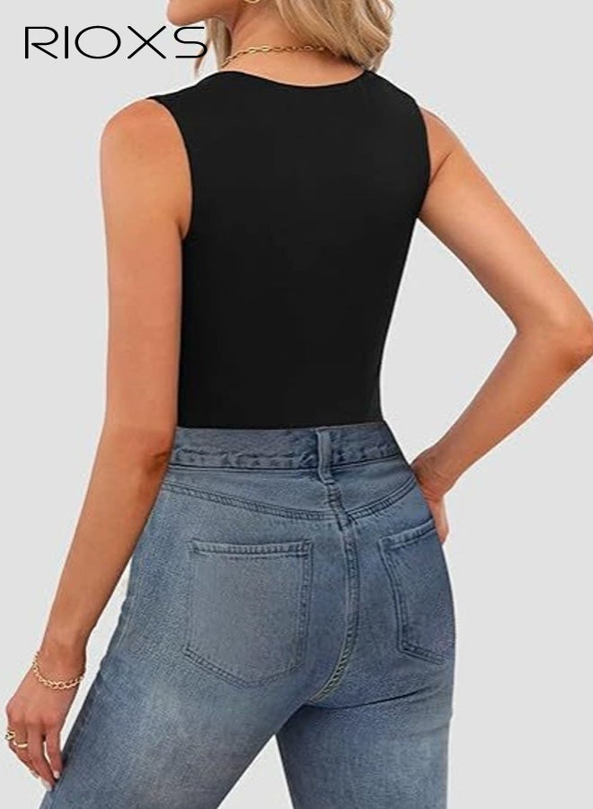 ريوكس بلوزة نسائية بدون أكمام برقبة مربعة، قميص داخلي صيفي أساسي ضيق بحمالة عريضة، بلوزة كامي ضيقة سادة بدون أكمام، قمصان مناسبة للعطلات الصيفية والتمارين الرياضية المنزلية. - Image 2