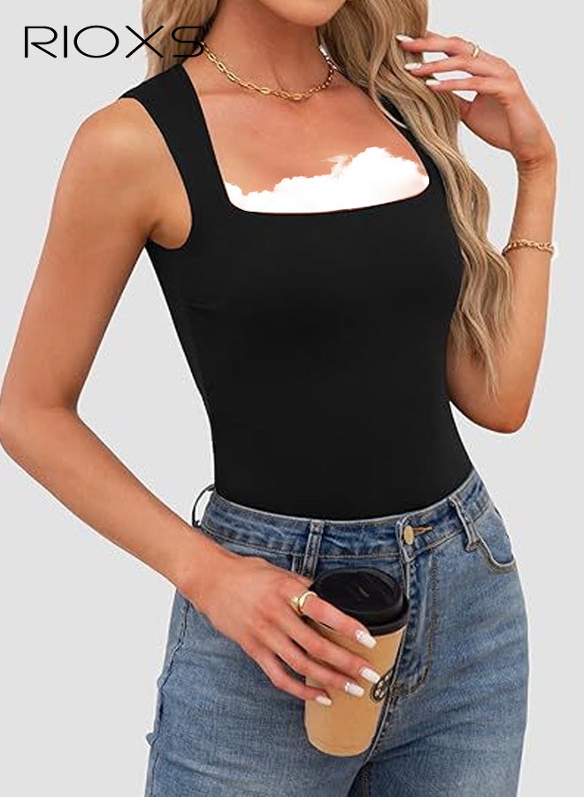 ريوكس بلوزة نسائية بدون أكمام برقبة مربعة، قميص داخلي صيفي أساسي ضيق بحمالة عريضة، بلوزة كامي ضيقة سادة بدون أكمام، قمصان مناسبة للعطلات الصيفية والتمارين الرياضية المنزلية. - Image 3