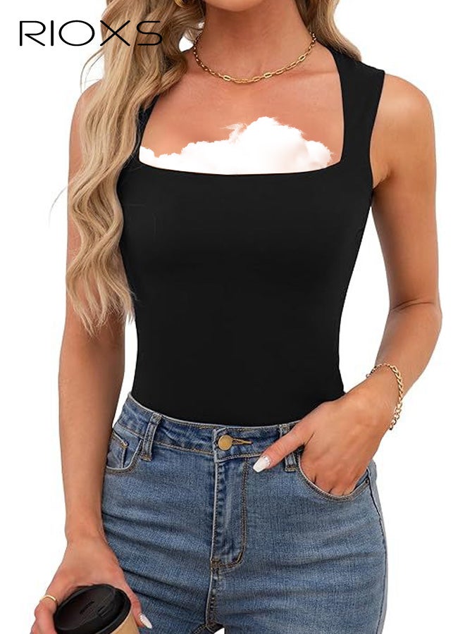 ريوكس بلوزة نسائية بدون أكمام برقبة مربعة، قميص داخلي صيفي أساسي ضيق بحمالة عريضة، بلوزة كامي ضيقة سادة بدون أكمام، قمصان مناسبة للعطلات الصيفية والتمارين الرياضية المنزلية. - Image 5