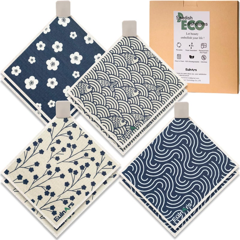 Eulnars Swedish Dishcloths for Kitchen, 8 Pack Japanese Pattern Reusable Paper Towels with Clips, Non-Scratch Swedish Dish Towels, Super Absorbent Cellulose Dish Cloths, No Odor - Image 1