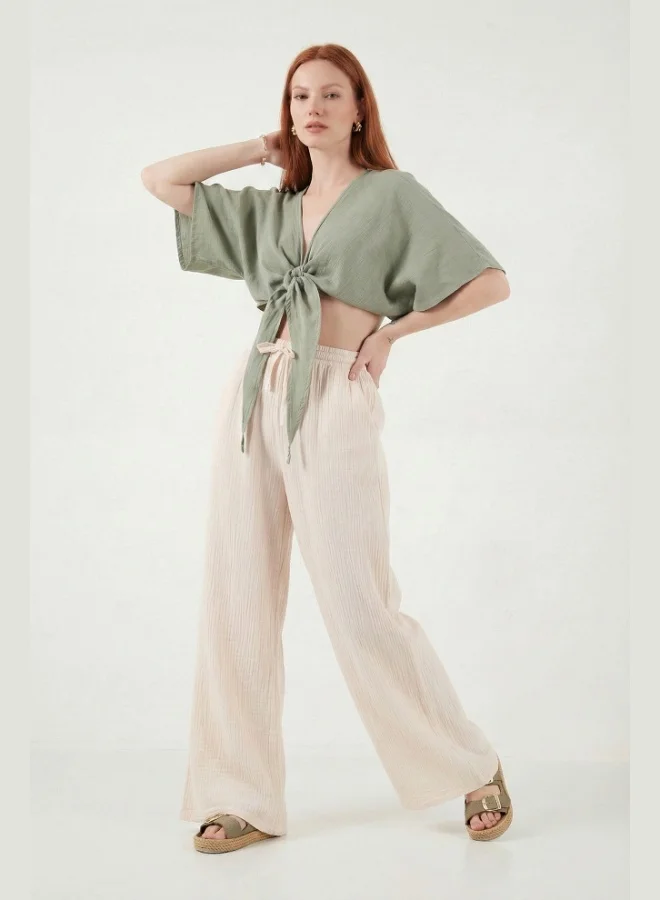 ليلا Lela Cotton Comfort Fit High Waist Wide Leg Trousers Women's Pants 668YP5540