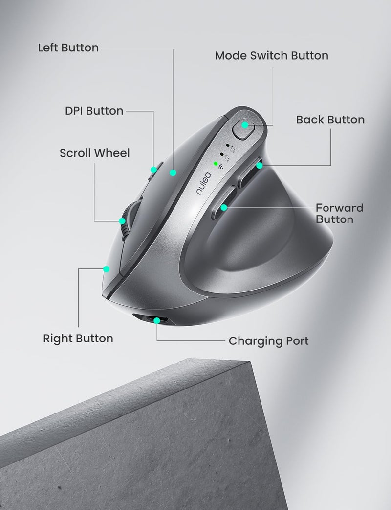 Nulea MD280 Ergonomic Vertical Wireless Mouse - Bluetooth & 2.4G Dual Mode, 4 Adjustable DPI 800/1200/1600/2400, Rechargeable, Silent Clicks, No Lag, 6 Buttons - Perfect for Laptop, Desktop Grey - Image 4
