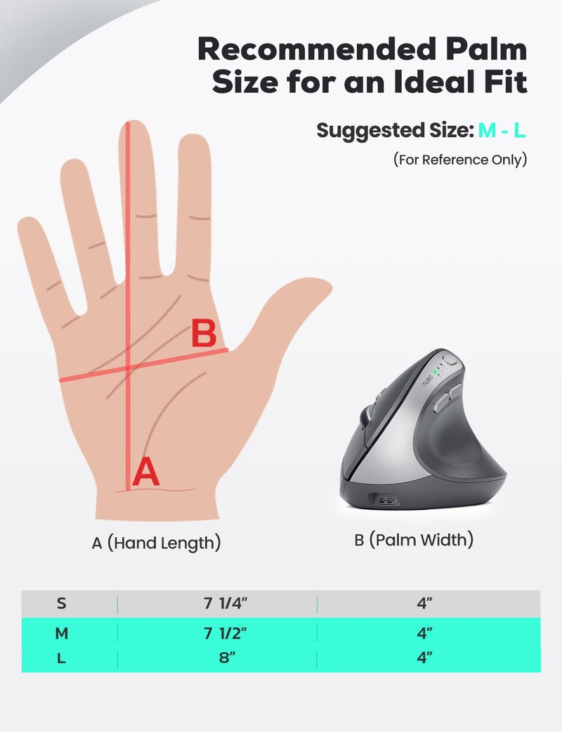 Nulea MD280 Ergonomic Vertical Wireless Mouse - Bluetooth & 2.4G Dual Mode, 4 Adjustable DPI 800/1200/1600/2400, Rechargeable, Silent Clicks, No Lag, 6 Buttons - Perfect for Laptop, Desktop Grey - Image 2