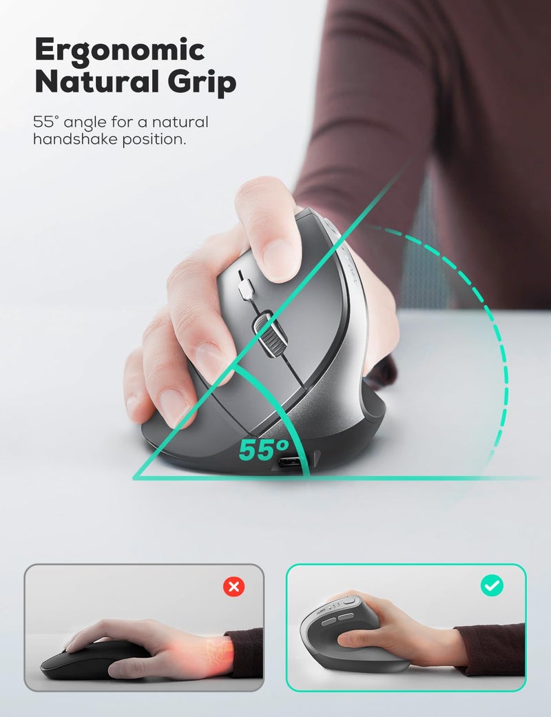 Nulea MD280 Ergonomic Vertical Wireless Mouse - Bluetooth & 2.4G Dual Mode, 4 Adjustable DPI 800/1200/1600/2400, Rechargeable, Silent Clicks, No Lag, 6 Buttons - Perfect for Laptop, Desktop Grey - Image 3
