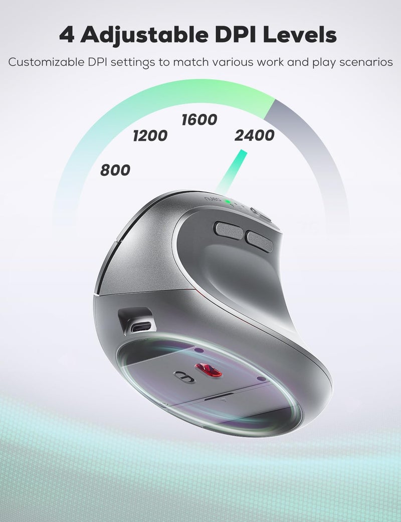 Nulea MD280 Ergonomic Vertical Wireless Mouse - Bluetooth & 2.4G Dual Mode, 4 Adjustable DPI 800/1200/1600/2400, Rechargeable, Silent Clicks, No Lag, 6 Buttons - Perfect for Laptop, Desktop Grey - Image 5