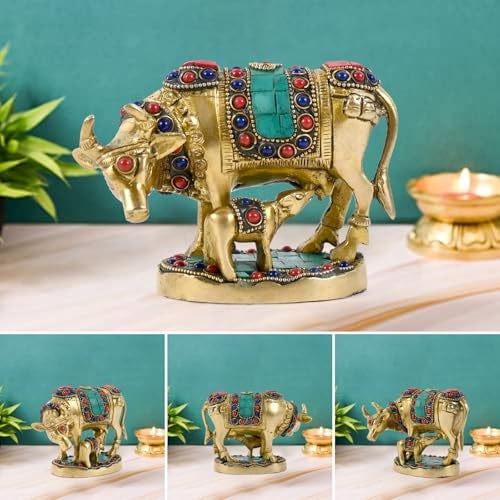 Pick End Now Multicolor Beautiful Brass Kamadhenu Cow with Calf Idol 900Gm, Product Dimensions - 5.5x2.5x4 Inches, Idol - Image 3