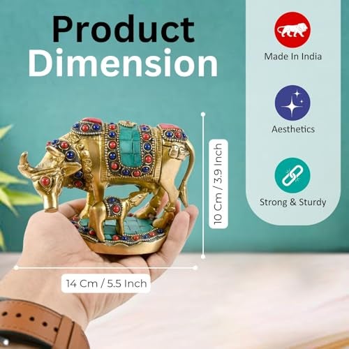 Pick End Now Multicolor Beautiful Brass Kamadhenu Cow with Calf Idol 900Gm, Product Dimensions - 5.5x2.5x4 Inches, Idol - Image 4