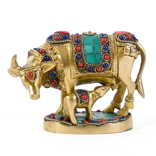 Pick End Now Multicolor Beautiful Brass Kamadhenu Cow with Calf Idol 900Gm, Product Dimensions - 5.5x2.5x4 Inches, Idol - Image 2