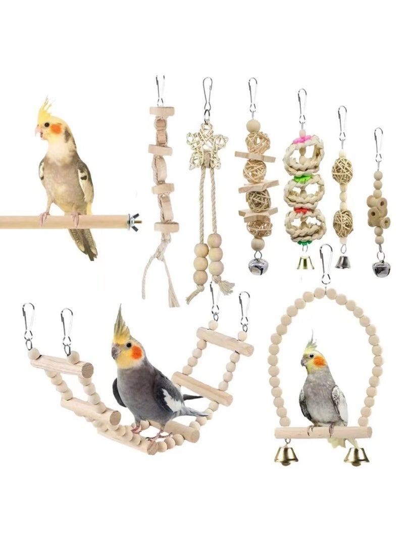 general Parrot gnawing toy, bird combination toy set 9-piece set, log color bird cage accessories stair swing - Image 1