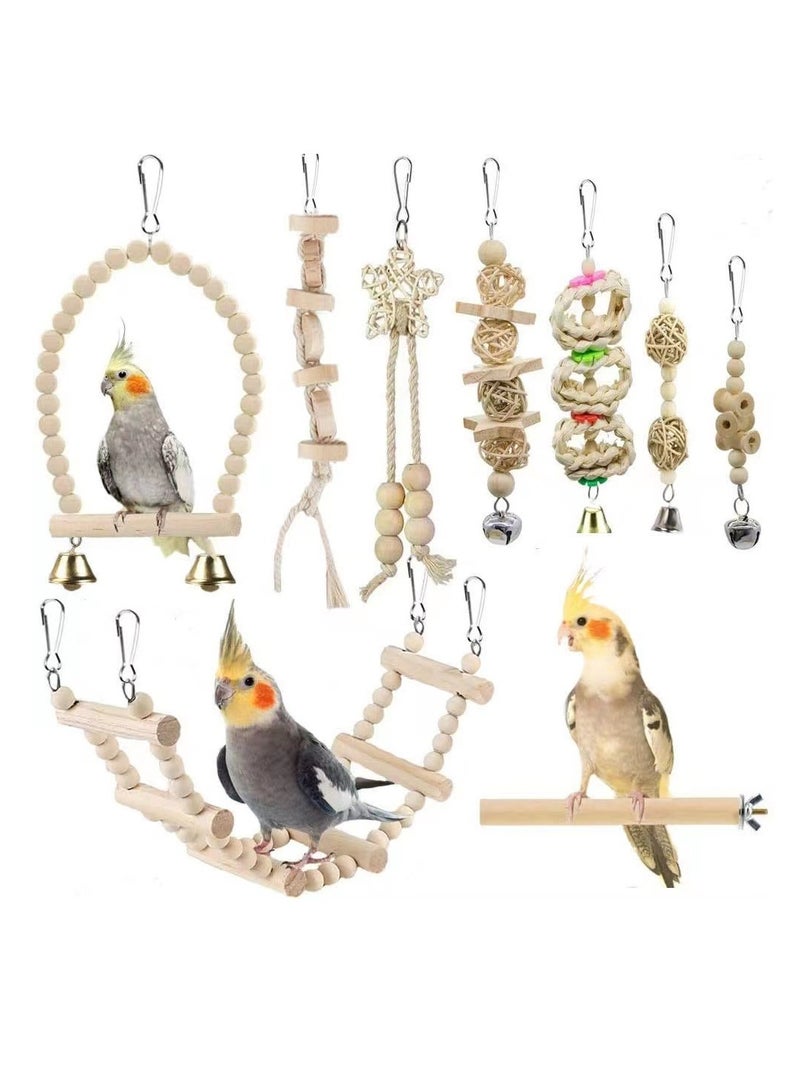 general Parrot gnawing toy, bird combination toy set 9-piece set, log color bird cage accessories stair swing - Image 3