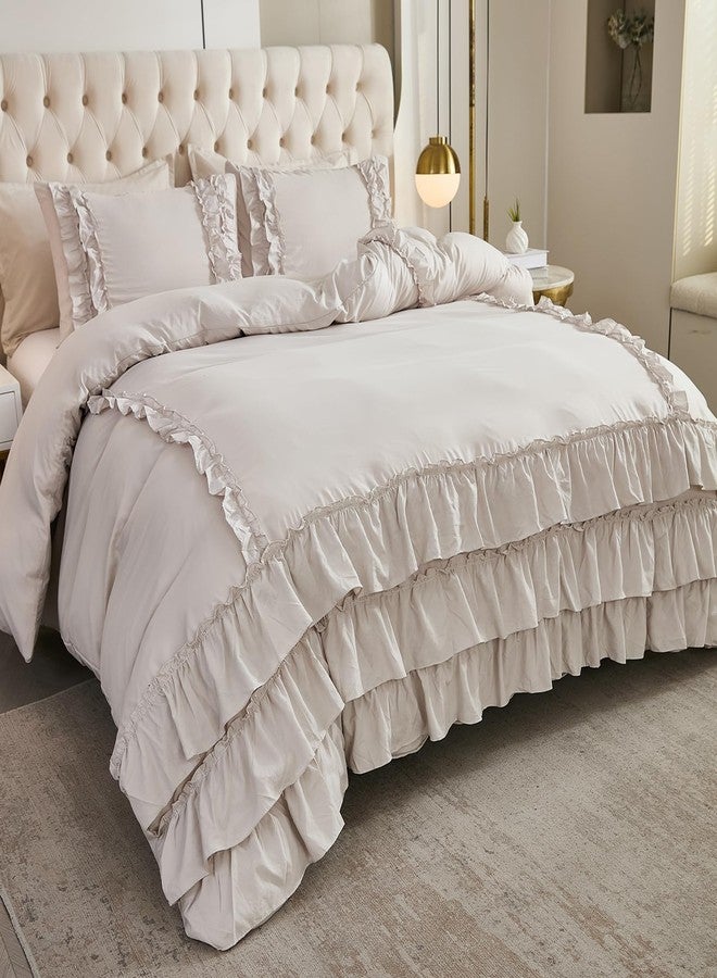 Herside Grey Ruffle Comforter Set Queen Size,Waterfall Ruffle Shabby Chic Bedding Sets,Soft Fluffy Boho Comforter Sets for All Season,Vintage Ruffled 3 PCS Lightweight Quilt Set for Women Girls - Image 1