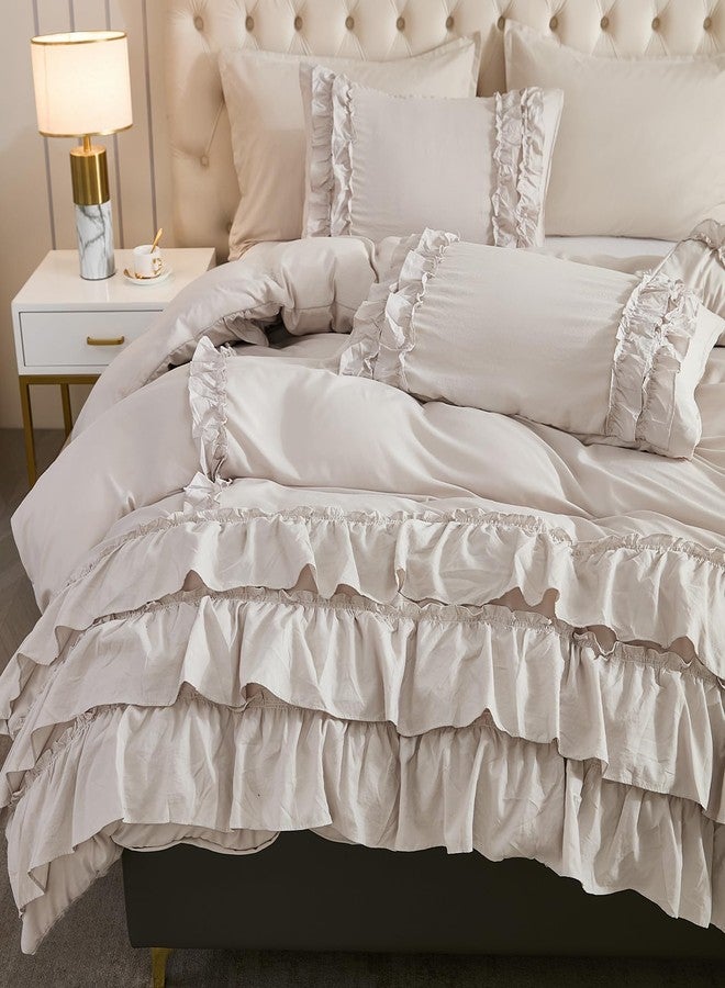 Herside Grey Ruffle Comforter Set Queen Size,Waterfall Ruffle Shabby Chic Bedding Sets,Soft Fluffy Boho Comforter Sets for All Season,Vintage Ruffled 3 PCS Lightweight Quilt Set for Women Girls - Image 5