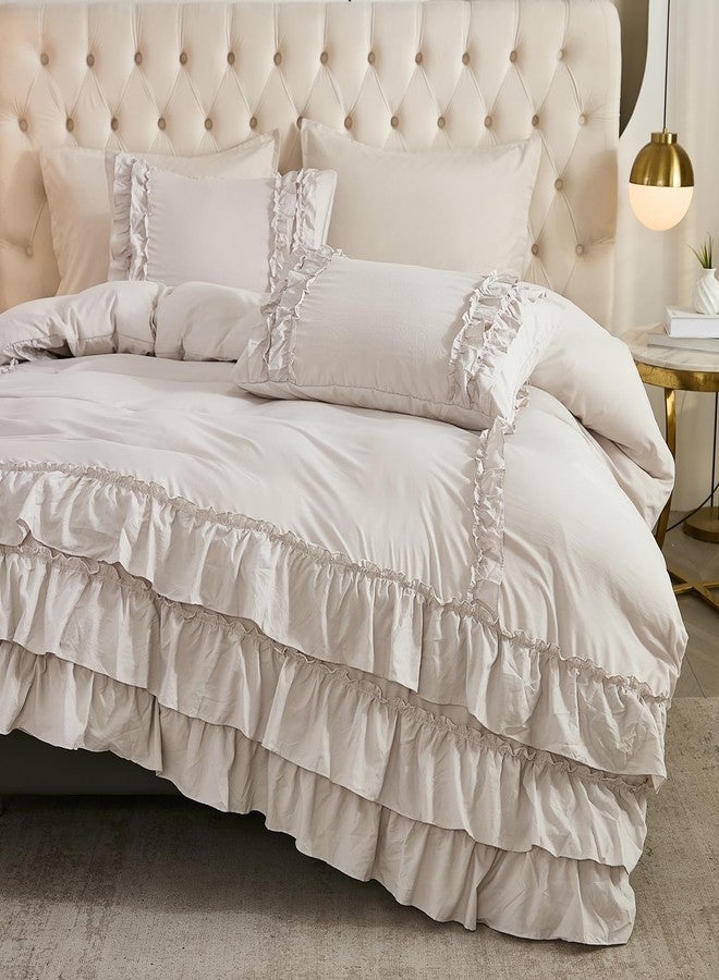 Herside Grey Ruffle Comforter Set Queen Size,Waterfall Ruffle Shabby Chic Bedding Sets,Soft Fluffy Boho Comforter Sets for All Season,Vintage Ruffled 3 PCS Lightweight Quilt Set for Women Girls - Image 4