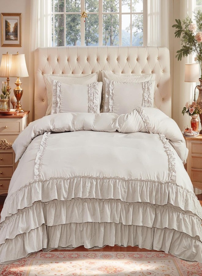 Herside Grey Ruffle Comforter Set Queen Size,Waterfall Ruffle Shabby Chic Bedding Sets,Soft Fluffy Boho Comforter Sets for All Season,Vintage Ruffled 3 PCS Lightweight Quilt Set for Women Girls - Image 2