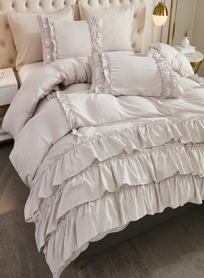 Herside Grey Ruffle Comforter Set Queen Size,Waterfall Ruffle Shabby Chic Bedding Sets,Soft Fluffy Boho Comforter Sets for All Season,Vintage Ruffled 3 PCS Lightweight Quilt Set for Women Girls - Image 3
