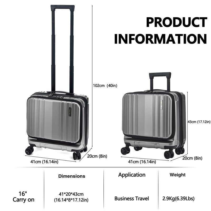 TydeCkare 16" Carry on Luggage with 2 Laptop Compartments, Lightweight Hardshell ABS+PC Suitcase with Dual Control TSA Lock, with YKK Zipper, 4 Spinner Silent Wheels, for Business Travel, Silver Grey - Image 3