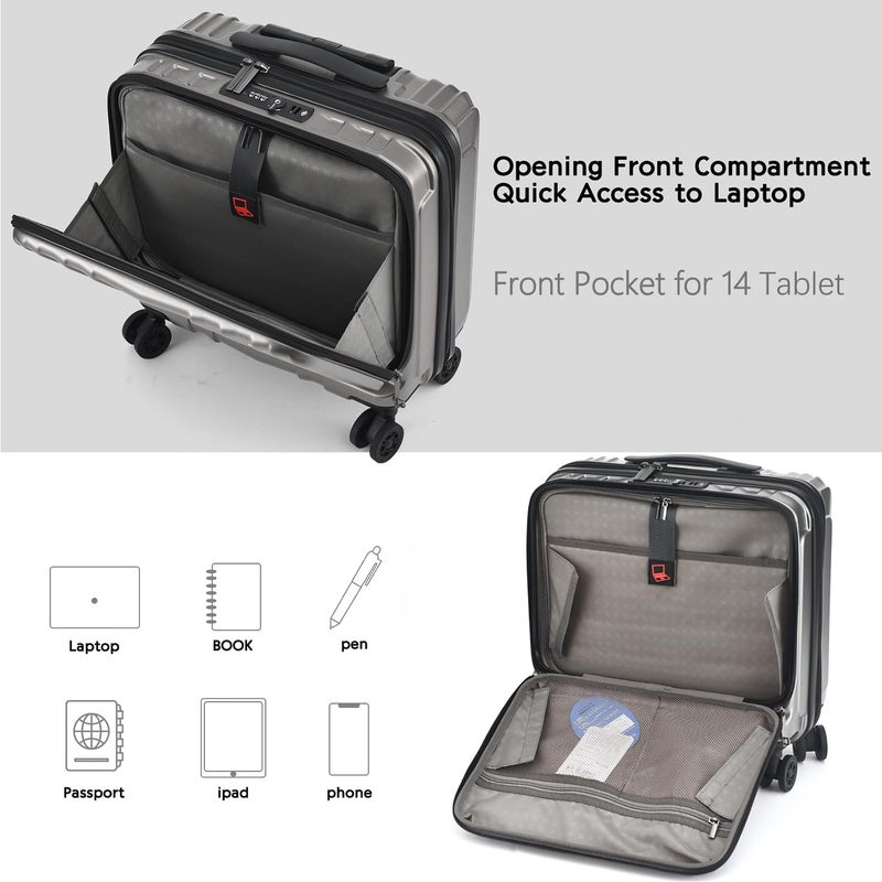 TydeCkare 16" Carry on Luggage with 2 Laptop Compartments, Lightweight Hardshell ABS+PC Suitcase with Dual Control TSA Lock, with YKK Zipper, 4 Spinner Silent Wheels, for Business Travel, Silver Grey - Image 4