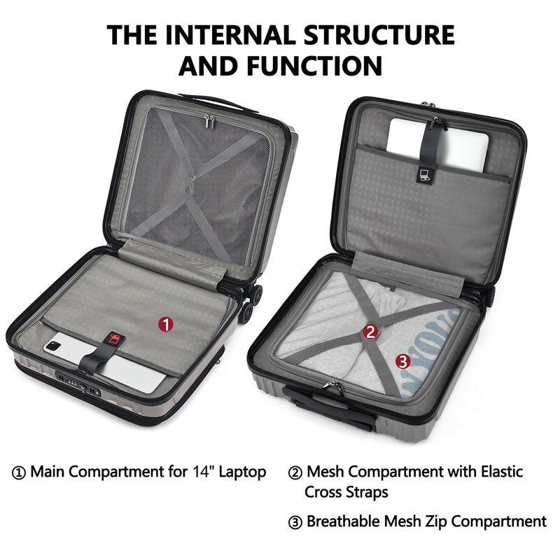 TydeCkare 16" Carry on Luggage with 2 Laptop Compartments, Lightweight Hardshell ABS+PC Suitcase with Dual Control TSA Lock, with YKK Zipper, 4 Spinner Silent Wheels, for Business Travel, Silver Grey - Image 5