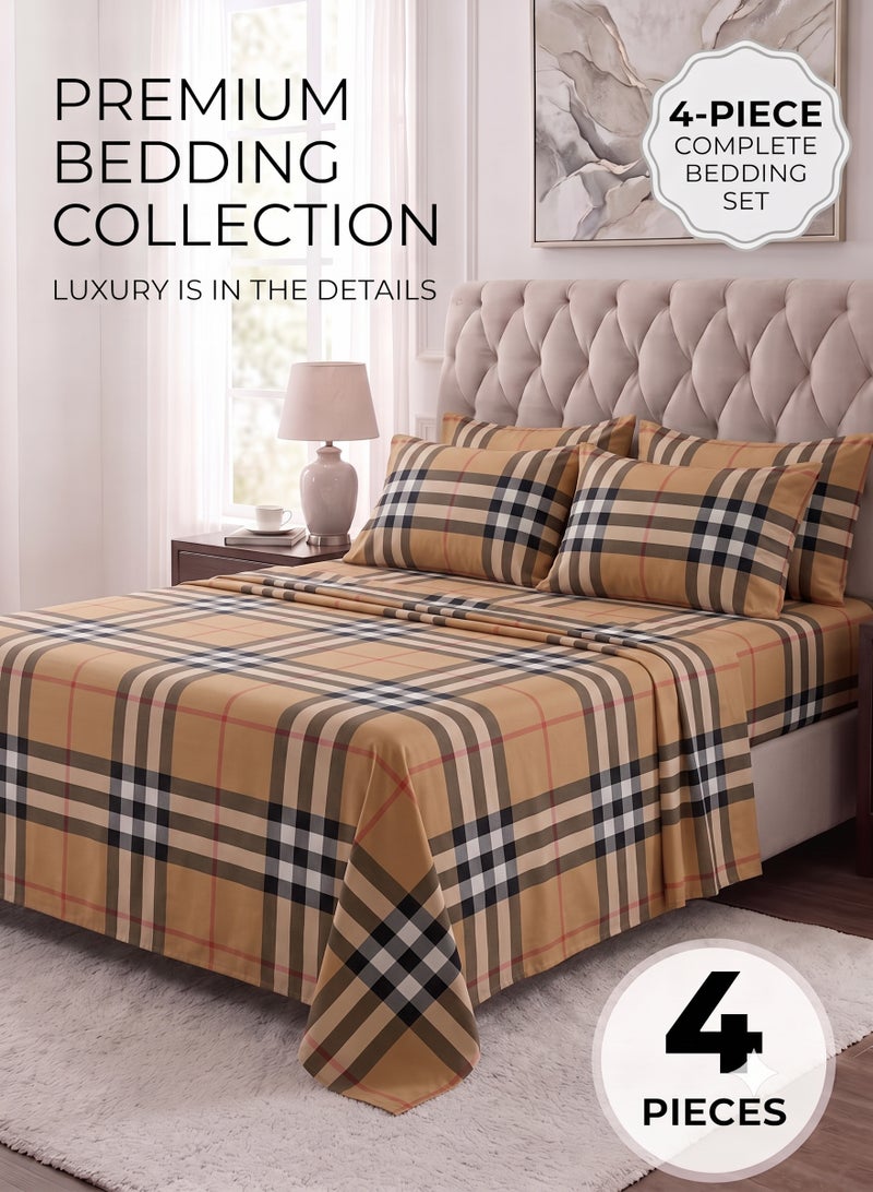 ZEESQUARE 4-Piece Luxury Tartan Plaid Cotton Bed Sheet Set | Printed Check Pattern Bedding Set with 1 Fitted Sheet, 1 Flat Sheet & 2 Pillow Covers | 100% Cotton Soft Comfortable Breathable Bedsheets | Single & King Size - Image 1