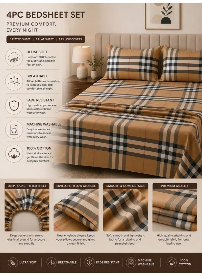 ZEESQUARE 4-Piece Luxury Tartan Plaid Cotton Bed Sheet Set | Printed Check Pattern Bedding Set with 1 Fitted Sheet, 1 Flat Sheet & 2 Pillow Covers | 100% Cotton Soft Comfortable Breathable Bedsheets | Single & King Size - Image 5
