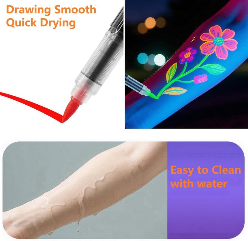 Aolowewin 10 أقلام لرسم الوجه والجسم، تتوهج بشكل لامع في الظلام تحت ضوء الأشعة فوق البنفسجية الأسود النيوني، قابلة للغسيل وتُستخدم كوشومات مؤقتة على الجلد لحفلات هالوين ومهرجانات الموسيقى (10 ألوان) - Image 2