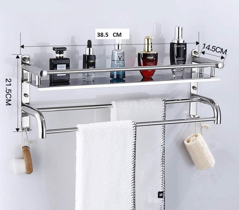 Oslen Bathroom Accessories Bathroom Shelf with Rail,Stainless Steel Bathroom Towel Holder,Shower Caddy Basket Organizer,Wall Mounted Bathroom Towel Rack and Shelf - Image 2
