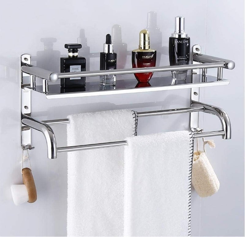 Oslen Bathroom Accessories Bathroom Shelf with Rail,Stainless Steel Bathroom Towel Holder,Shower Caddy Basket Organizer,Wall Mounted Bathroom Towel Rack and Shelf - Image 1