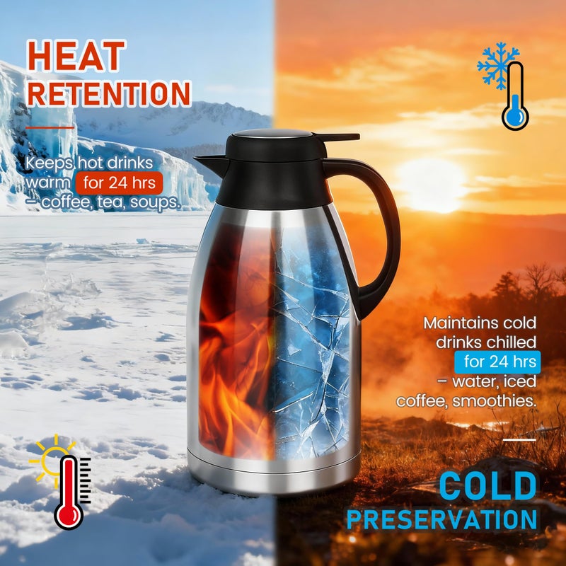  TOMAKEIT Thermal Coffee Carafe, 2L/68 Oz Stainless Steel Vacuum Insulated Thermoses, Double-Wall Design, 24-Hour Hot & Cold, Leak-Proof, Portable for Travel,Camping,Office - Image 3