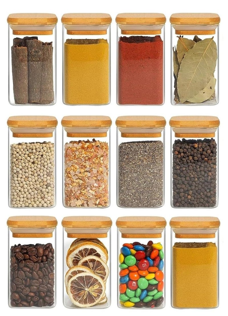 NVRA Premium 330Ml Glass Containers for Kitchen Set of 12-Piece | 11.2 Oz Storage Jars with Bamboo Lids | Square Spice Jars for Kitchen Storage and Organization | Container for Pantry & Herbs - Image 1