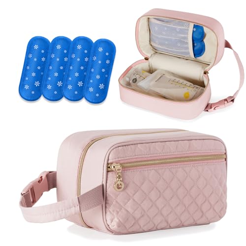 Damero Breastmilk Cooler Bag with 4 Ice Packs Breastmilk Cooler Travel Bag Organizer with Detachable Buckle Handle for Daycare and Breastfeeding MomPink - Image 1