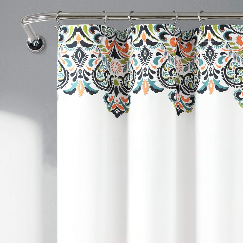 Lush Decor Navy and Tangerine Clara Shower Curtain-Fabric Colorful Boho Paisley Damask Print Design, 72 x 72 - Image 5