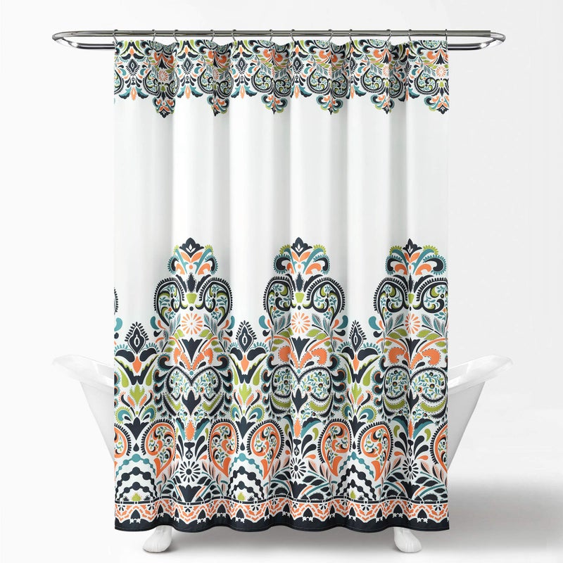 Lush Decor Navy and Tangerine Clara Shower Curtain-Fabric Colorful Boho Paisley Damask Print Design, 72 x 72 - Image 2