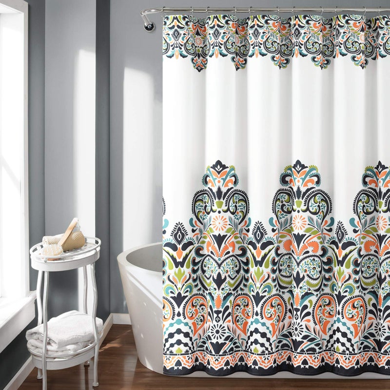 Lush Decor Navy and Tangerine Clara Shower Curtain-Fabric Colorful Boho Paisley Damask Print Design, 72 x 72 - Image 1