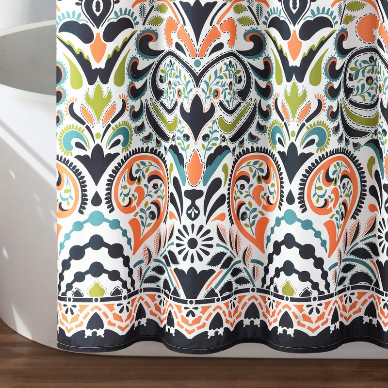 Lush Decor Navy and Tangerine Clara Shower Curtain-Fabric Colorful Boho Paisley Damask Print Design, 72 x 72 - Image 3