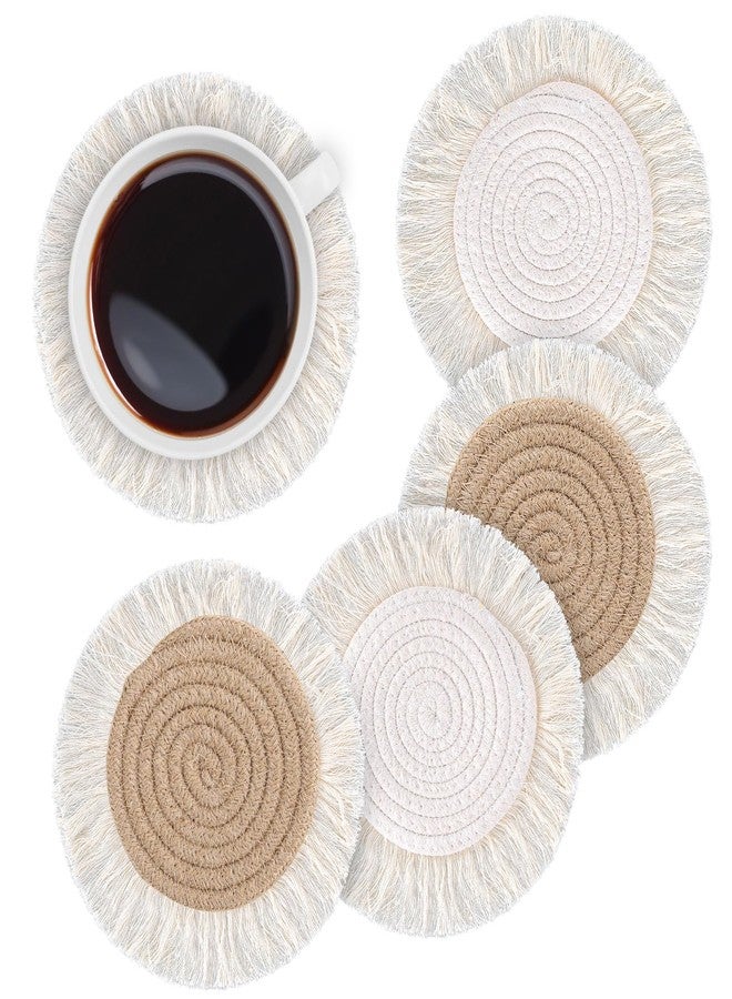 Whaline 4 Pack Boho Beige Coaster Handmade Crochet Drink Coaster Woven Bohemian Cup Mat Pad for Holiday Daily Home Kitchen Office Table Desk Housewarming Party Table Decoration - Image 1