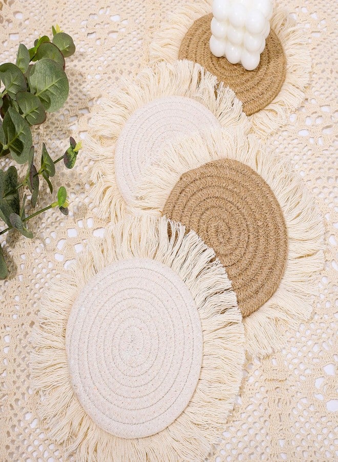 Whaline 4 Pack Boho Beige Coaster Handmade Crochet Drink Coaster Woven Bohemian Cup Mat Pad for Holiday Daily Home Kitchen Office Table Desk Housewarming Party Table Decoration - Image 3