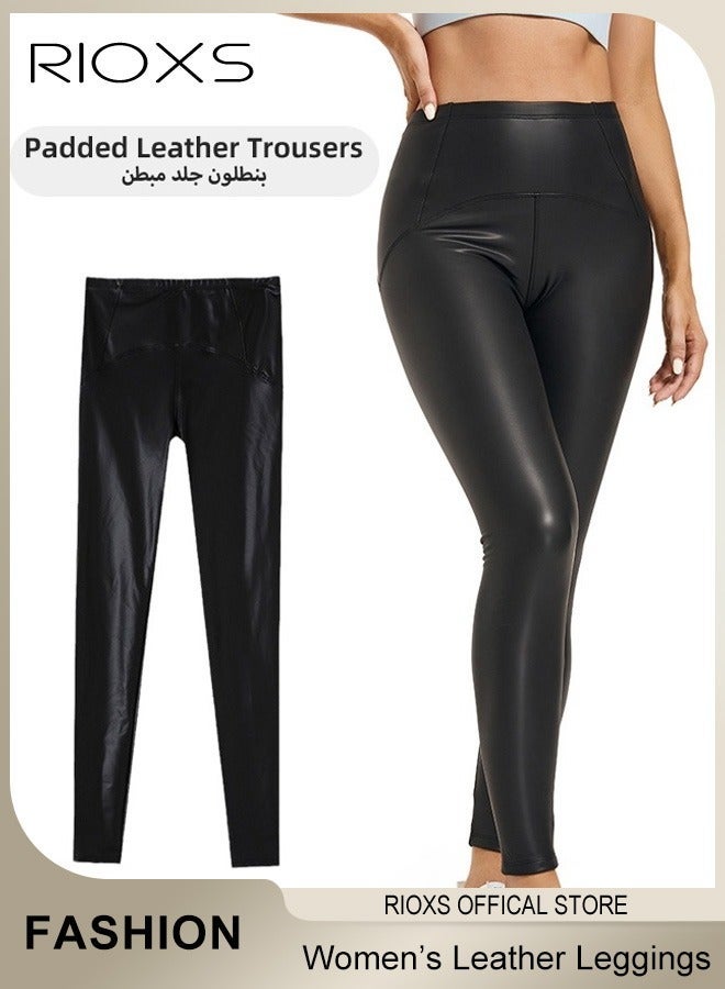 ريوكس سراويل جلدية نسائية ضيقة مبطنة من الجلد الطبيعي، سراويل جلدية جلدية مبطنة نسائية، سراويل جلدية عالية الخصر مرنة من البولي يوريثان المطاطية، بنطلون ليقنز ناعم ودافئ من الجلد الصناعي، مناسب للنزهات الليلية أو النوادي الليلية أو أي نوع من الحفلات أو الملابس اليومية، مثالي للتنسيق مع مختلف البلوزات والأحذية - Image 1