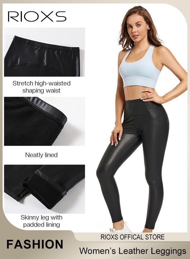 ريوكس سراويل جلدية نسائية ضيقة مبطنة من الجلد الطبيعي، سراويل جلدية جلدية مبطنة نسائية، سراويل جلدية عالية الخصر مرنة من البولي يوريثان المطاطية، بنطلون ليقنز ناعم ودافئ من الجلد الصناعي، مناسب للنزهات الليلية أو النوادي الليلية أو أي نوع من الحفلات أو الملابس اليومية، مثالي للتنسيق مع مختلف البلوزات والأحذية - Image 2