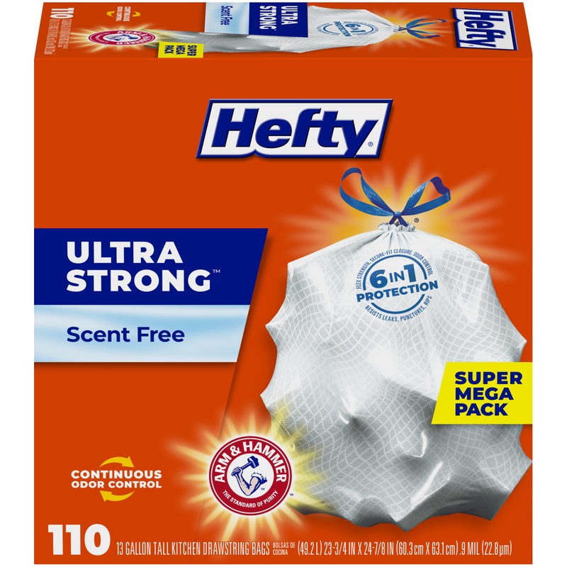 Hefty Ultra Strong Trash Bags, Tall Kitchen 13 Gallon Size, Drawstring Closure, Continuous Odor Control, White, Unscented, 110 Bags - Image 1