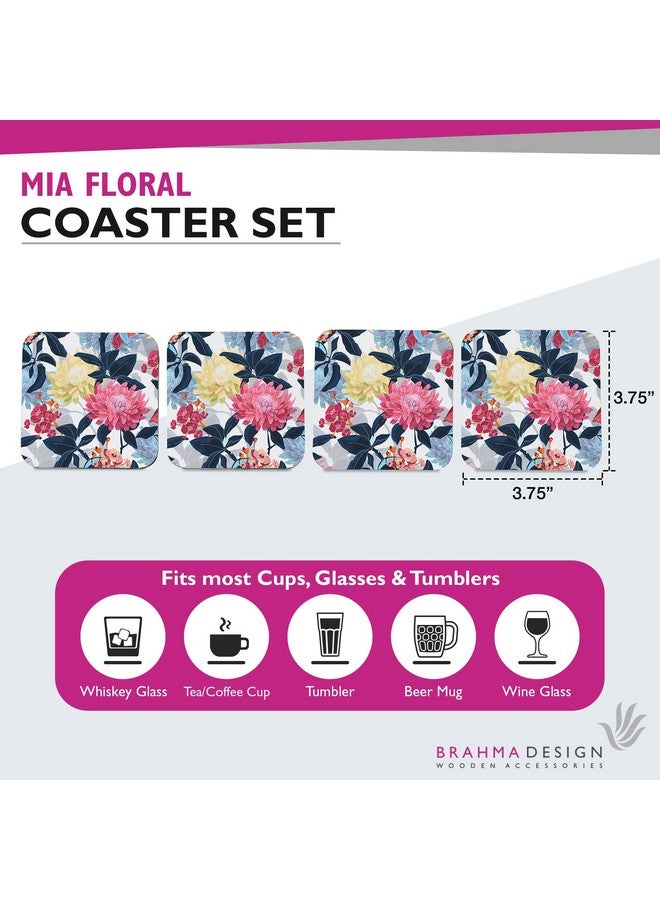 BRAHMA DESIGN BRAHMA DESIGN Wooden Coaster Set with Gift Box | Mia Floral Design | Set of 4 Tabletop Square Coasters 3.75" x 3.75" | Kitchen Table Wooden Decorative Items | for Cups, Mugs, Cans, Glasses - Image 2