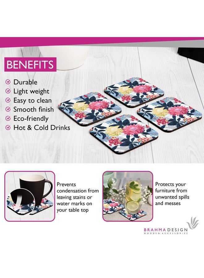 BRAHMA DESIGN BRAHMA DESIGN Wooden Coaster Set with Gift Box | Mia Floral Design | Set of 4 Tabletop Square Coasters 3.75" x 3.75" | Kitchen Table Wooden Decorative Items | for Cups, Mugs, Cans, Glasses - Image 4