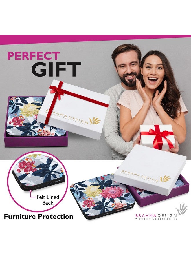 BRAHMA DESIGN BRAHMA DESIGN Wooden Coaster Set with Gift Box | Mia Floral Design | Set of 4 Tabletop Square Coasters 3.75" x 3.75" | Kitchen Table Wooden Decorative Items | for Cups, Mugs, Cans, Glasses - Image 3