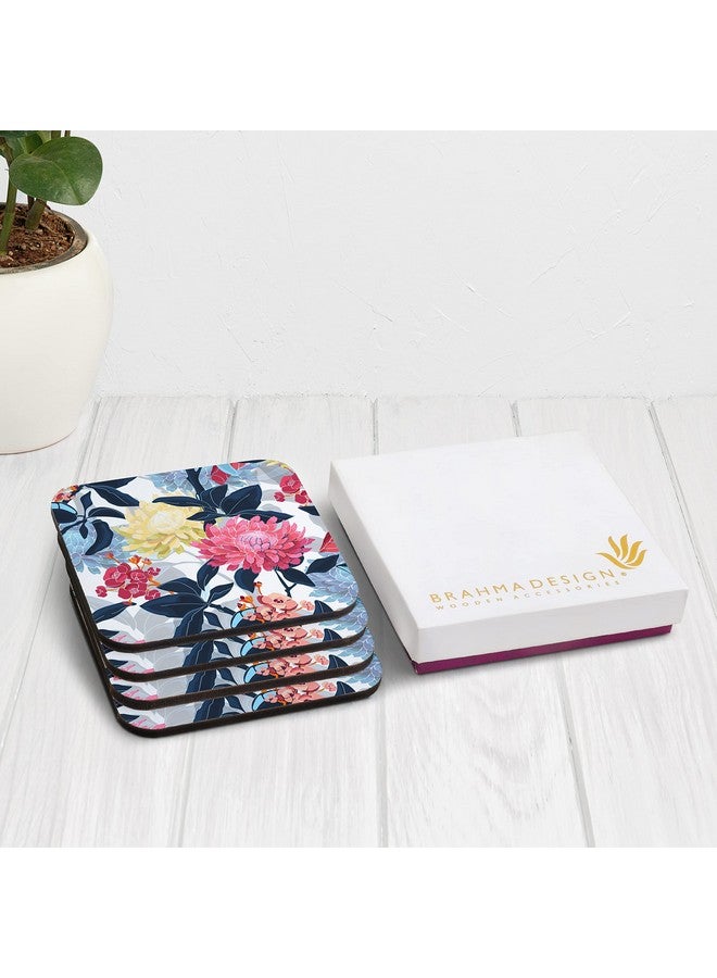 BRAHMA DESIGN BRAHMA DESIGN Wooden Coaster Set with Gift Box | Mia Floral Design | Set of 4 Tabletop Square Coasters 3.75" x 3.75" | Kitchen Table Wooden Decorative Items | for Cups, Mugs, Cans, Glasses - Image 5