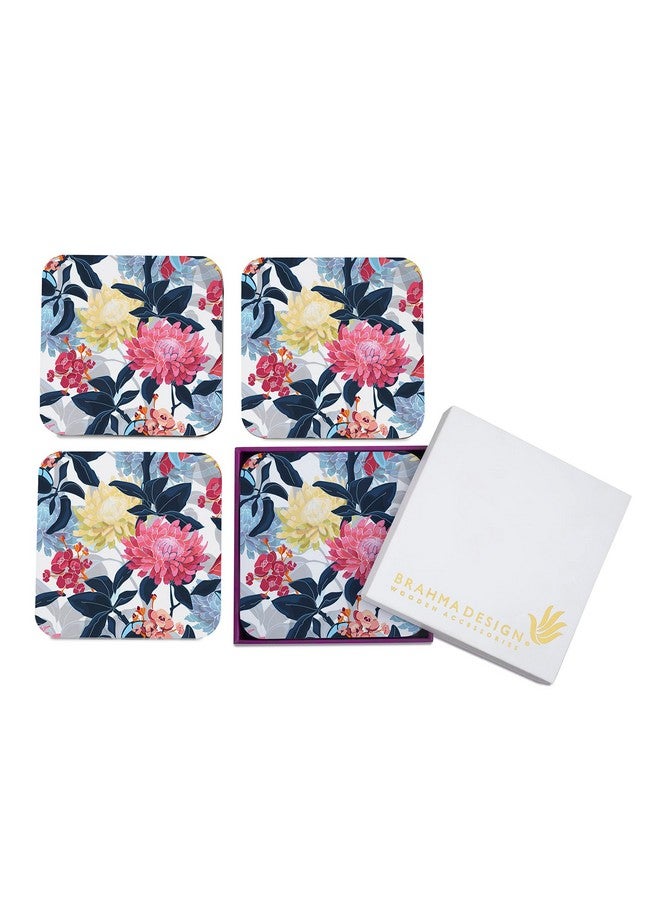 BRAHMA DESIGN BRAHMA DESIGN Wooden Coaster Set with Gift Box | Mia Floral Design | Set of 4 Tabletop Square Coasters 3.75" x 3.75" | Kitchen Table Wooden Decorative Items | for Cups, Mugs, Cans, Glasses - Image 1